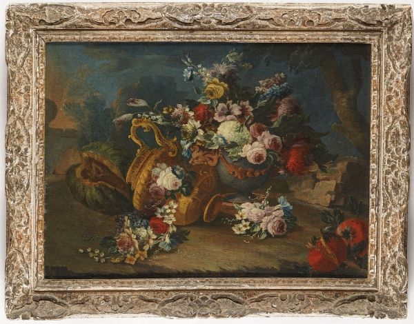 Scuola del XVIII secolo Nature morte con fiori, frutti, ortaggi e porcellane  - Asta Antiquariato - Associazione Nazionale - Case d'Asta italiane