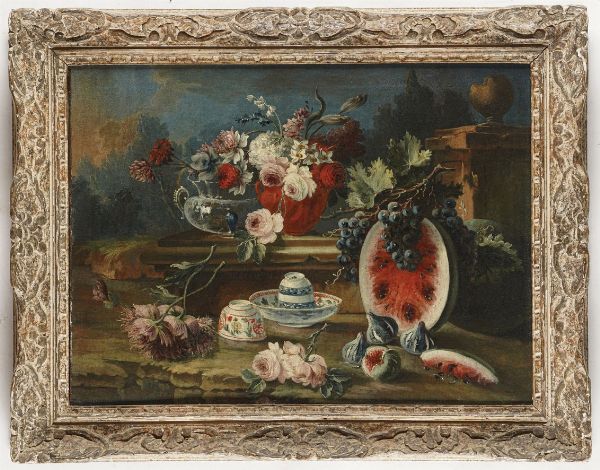 Scuola del XVIII secolo Nature morte con fiori, frutti, ortaggi e porcellane  - Asta Antiquariato - Associazione Nazionale - Case d'Asta italiane