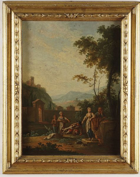 Scuola del XVIII secolo Paesaggio con popolani  - Asta Antiquariato - Associazione Nazionale - Case d'Asta italiane