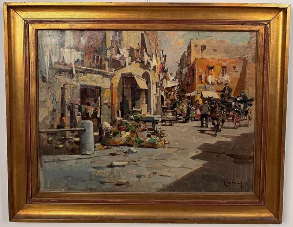 Giordano Felice (Napoli 1880 - Capri 1964) Vicolo di paese con mercato  - Asta Antiquariato - Associazione Nazionale - Case d'Asta italiane