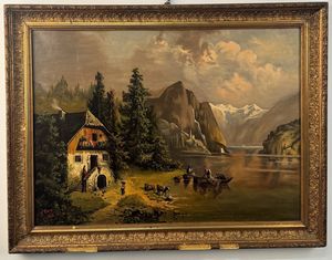 Pittore della fine del XIX secolo Veduta di lago di montagna; Veduta con mulino  - Asta Antiquariato - Associazione Nazionale - Case d'Asta italiane