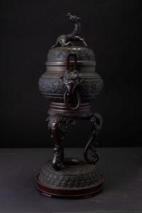 Incensiere tripode in bronzo con mascheroni, anse ad anelli, decori a rilievo e presa del coperchio a foggia di drago, Cina, Dinastia Qing, XIX secolo  - Asta Antiquariato - Associazione Nazionale - Case d'Asta italiane