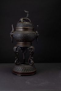 Incensiere tripode in bronzo con mascheroni, anse ad anelli, decori a rilievo e presa del coperchio a foggia di drago, Cina, Dinastia Qing, XIX secolo  - Asta Antiquariato - Associazione Nazionale - Case d'Asta italiane