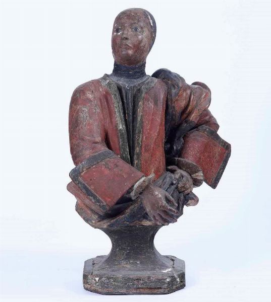 Busto in legno intagliato e dipinto raffigurante giovane paggio. Venezia, XVIII secolo  - Asta Scultura - Associazione Nazionale - Case d'Asta italiane