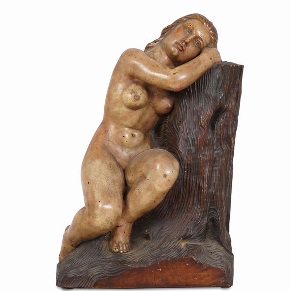 Scultura in legno figura femminile abbracciata ad un tronco, XIX secolo  - Asta Scultura - Associazione Nazionale - Case d'Asta italiane