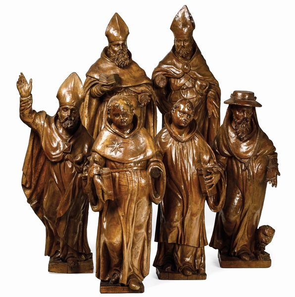 Insieme di sei sculture raffiguranti San Nicola da Tolentino  Santo Vescovo (SantAmbrogio?), San Gerolamo, San Domenico e altri due Santi Vescovi. Arte veneta del XVII secolo  - Asta Scultura - Associazione Nazionale - Case d'Asta italiane