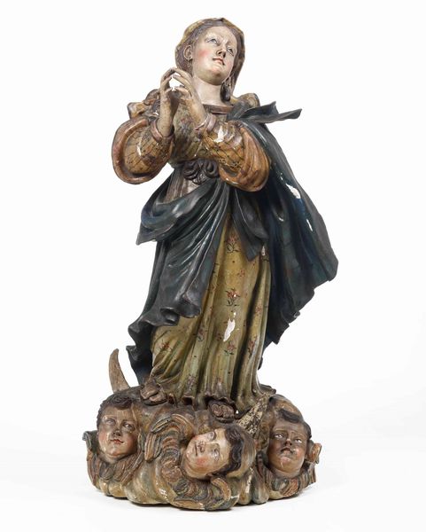 Madonna Immacolata. Legno intagliato, laccato e dorato. Arte barocca, Italia centro meridionale, XVII-XVIII secolo  - Asta Scultura - Associazione Nazionale - Case d'Asta italiane