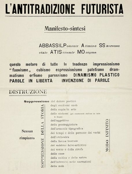 GUILLAUME APOLLINAIRE : L'antitradizione futurista. Manifesto=Sintesi.  - Asta Libri, autografi e manoscritti - Associazione Nazionale - Case d'Asta italiane