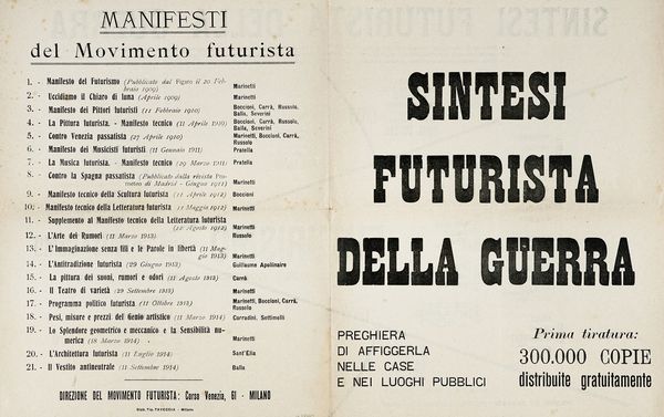 Filippo Tommaso Marinetti : Sintesi Futurista della Guerra.  - Asta Libri, autografi e manoscritti - Associazione Nazionale - Case d'Asta italiane