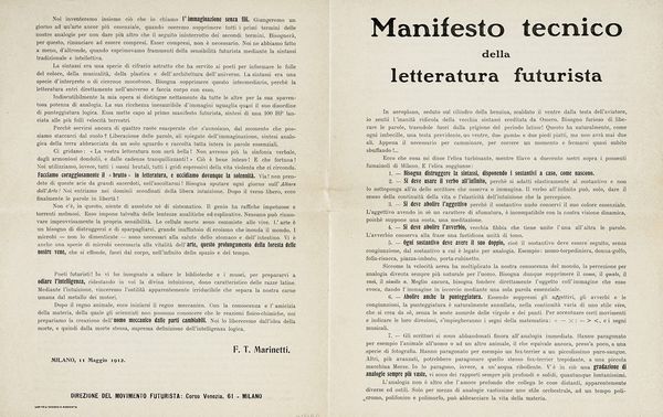 Filippo Tommaso Marinetti : Manifesto tecnico della letteratura futurista.  - Asta Libri, autografi e manoscritti - Associazione Nazionale - Case d'Asta italiane