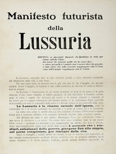 VALENTINE SAINT-POINT VALENTINE DE : Manifesto futurista della lussuria.  - Asta Libri, autografi e manoscritti - Associazione Nazionale - Case d'Asta italiane