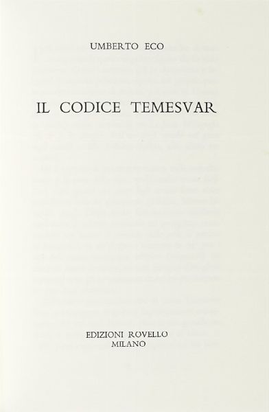 Umberto Eco : Il Codice Temesvar.  - Asta Libri, autografi e manoscritti - Associazione Nazionale - Case d'Asta italiane