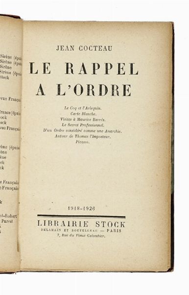 JEAN COCTEAU : Dedica autografa su libro Le rappel a l'ordre.  - Asta Libri, autografi e manoscritti - Associazione Nazionale - Case d'Asta italiane