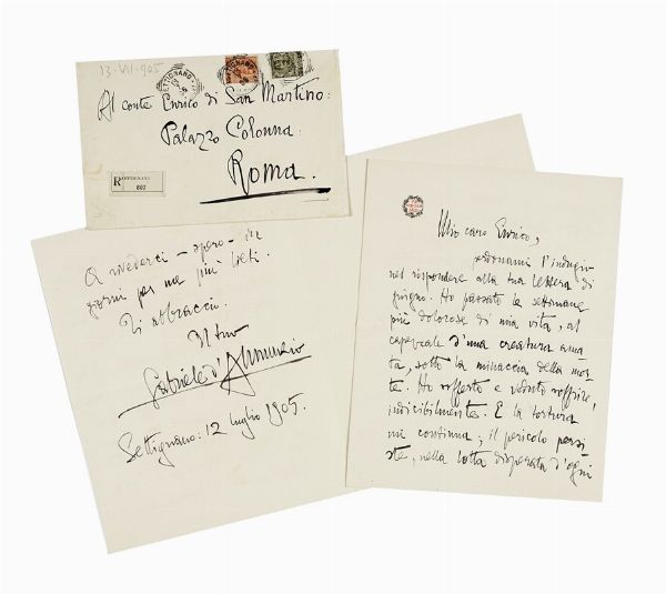 Gabriele D'Annunzio : Lettera autografa firmata, inviata al conte Enrico di San Martino.  - Asta Libri, autografi e manoscritti - Associazione Nazionale - Case d'Asta italiane