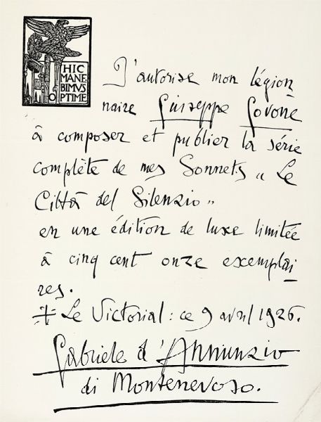 Gabriele D'Annunzio : Le citt del silenzio.  - Asta Libri, autografi e manoscritti - Associazione Nazionale - Case d'Asta italiane