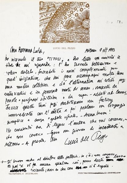 ROMANA LODA : Curiosa raccolta di pubblicazioni, manifesti, inviti e scritti ciclostilati di Romana Loda, e un'interessante raccolta di corrispondenze tra la Gallerista e artisti del calibro di del Pezzo, Parmiggiani, Ori, della Casa, Cerati, Skuber e molti altri.  - Asta Libri, autografi e manoscritti - Associazione Nazionale - Case d'Asta italiane