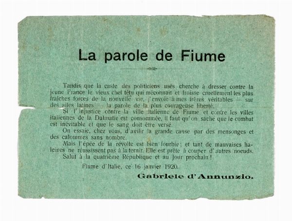 Gabriele D'Annunzio : Le parole di Fiume. Volantino.  - Asta Libri, autografi e manoscritti - Associazione Nazionale - Case d'Asta italiane