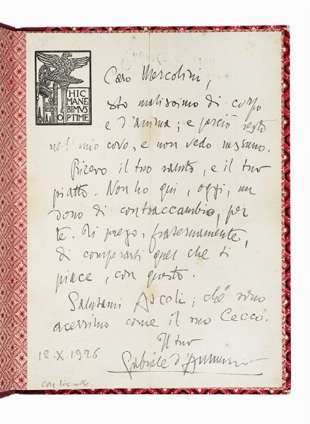 Gabriele D'Annunzio : Lettera autografa firmata inviata a Luigi Mercolini.  - Asta Libri, autografi e manoscritti - Associazione Nazionale - Case d'Asta italiane