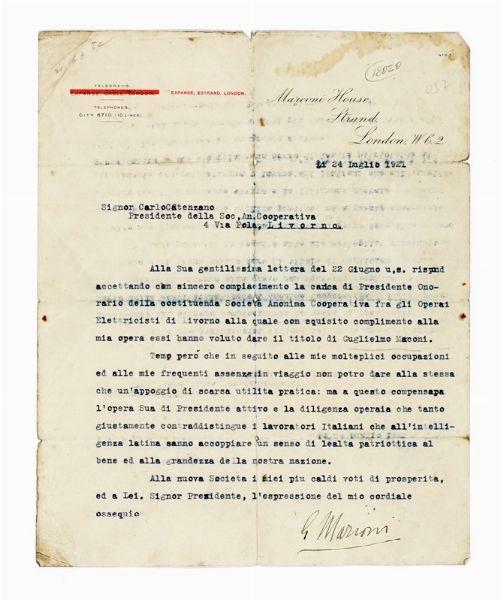 GUGLIELMO MARCONI : Lettera dattiloscritta con firma autografa.  - Asta Libri, autografi e manoscritti - Associazione Nazionale - Case d'Asta italiane