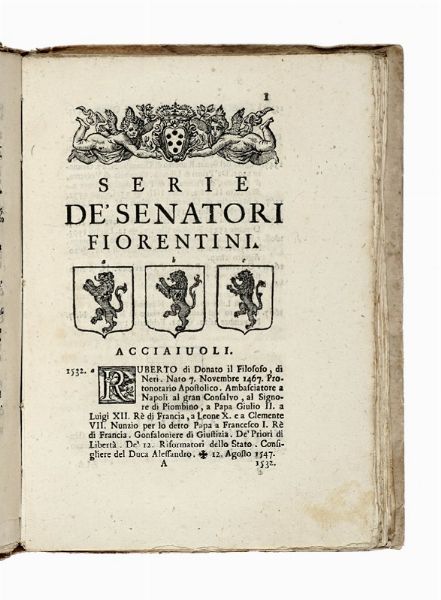 GIUSEPPE MANNI : Serie de' Senatori Fiorentini...  - Asta Libri, autografi e manoscritti - Associazione Nazionale - Case d'Asta italiane