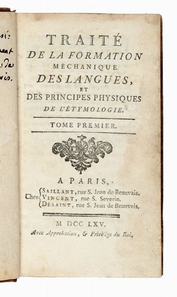 CHARLES (DE) BROSSES : Trait de la formation mchanique des langues, et des principes physiques de l'tymologie. Tome premier (-second).  - Asta Libri, autografi e manoscritti - Associazione Nazionale - Case d'Asta italiane