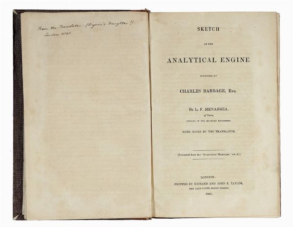 LUIGI FEDERICO MENABREA : Sketch of the analytical engine invented by Charles Babbage Esq.  - Asta Libri, autografi e manoscritti - Associazione Nazionale - Case d'Asta italiane