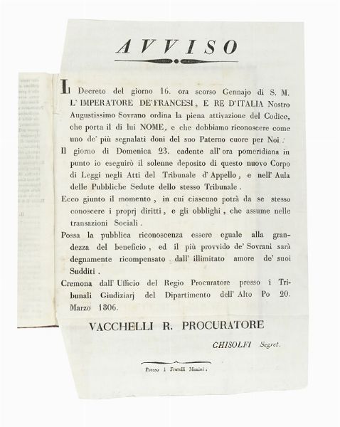 NAPOLEONE I NAPOLEONE I : Codice di Napoleone il Grande pel Regno d'Italia. Edizione originale e la sola ufficiale.  - Asta Libri, autografi e manoscritti - Associazione Nazionale - Case d'Asta italiane