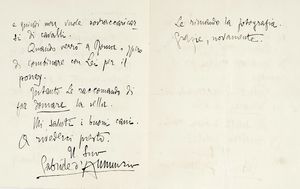 Gabriele D'Annunzio - Lettera autografa firmata, inviata al caro Francescangeli.