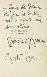 Gabriele D'Annunzio - Dedica autografa su libro Contemplazione della morte.