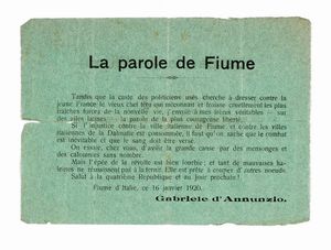 Gabriele D'Annunzio - Le parole di Fiume. Volantino.