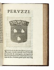 JEAN BAPTISTE L'HERMITE DE SOLIERS : La Toscane franc?oise contenant les eloges, et genealogies, des princes, seigneurs and grands capitaines du pai?s de Toscane [...] Ensemble, leurs armes, blazonnes en taille douce, avec les couronnes, manteaus, coliers, timbres, & autres ornemens...  - Asta Libri, autografi e manoscritti - Associazione Nazionale - Case d'Asta italiane