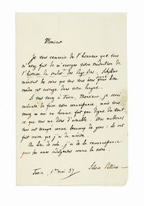 SILVIO PELLICO - Lettera autografa firmata, inviata a [Ren-Charles-Hippolyte Le Prestre] marquis de Chateaugiron, pair de France.