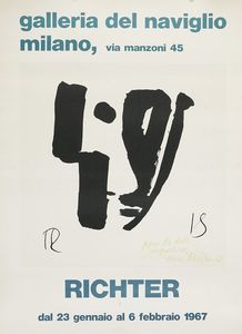 Hans Richter - Dedica autografa su manifesto della mostra Richter presso la Galleria del Naviglio di Milano.