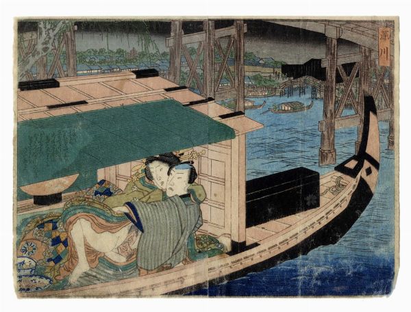 UTAGAWA KUNISADA I (TOYOKUNI III) : Due amanti in un'imbarcazione lungoil fiume Sumida.  - Asta Arte Antica, Orientale, Moderna e Contemporanea [parte I] - Associazione Nazionale - Case d'Asta italiane