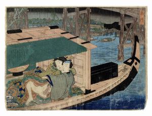 UTAGAWA KUNISADA I (TOYOKUNI III) - Due amanti in un'imbarcazione lungoil fiume Sumida.