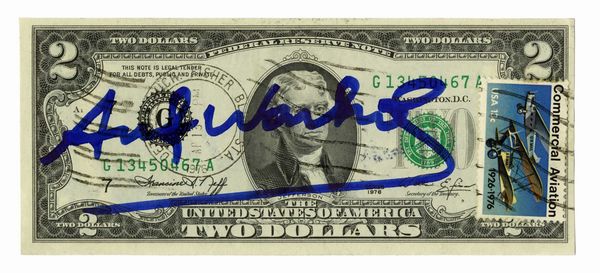 Andy Warhol : 2 dollars signed by Andy Warhol.  - Asta Arte Antica, Orientale, Moderna e Contemporanea [parte II] - Associazione Nazionale - Case d'Asta italiane