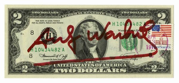 Andy Warhol : 2 dollars signed by Andy Warhol.  - Asta Arte Antica, Orientale, Moderna e Contemporanea [parte II] - Associazione Nazionale - Case d'Asta italiane