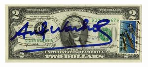 Andy Warhol - 2 dollars signed by Andy Warhol.