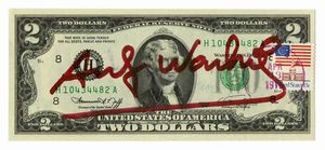 Andy Warhol - 2 dollars signed by Andy Warhol.