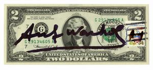 Andy Warhol - 2 dollars signed by Andy Warhol.