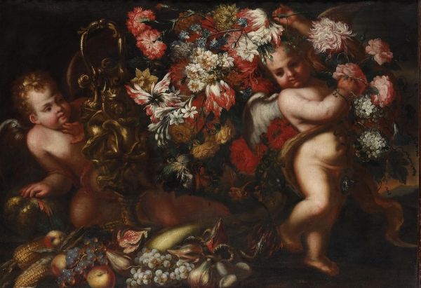 Nei modi della pittura della fine del XVIII secolo Composizioni di fiori e frutti con putti  - Asta Dipinti Antichi - Associazione Nazionale - Case d'Asta italiane