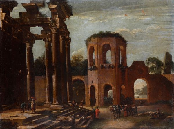 Michelangelo Cerquozzi, Ambito di : Capriccio con rovine classiche e figure  - Asta Dipinti Antichi - Associazione Nazionale - Case d'Asta italiane