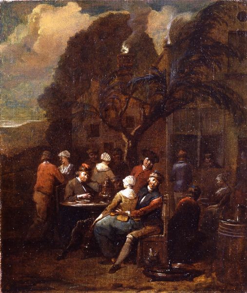 Jan Baptist Lambrechts : Esterno di locanda con figure e scena galante  - Asta Dipinti Antichi - Associazione Nazionale - Case d'Asta italiane