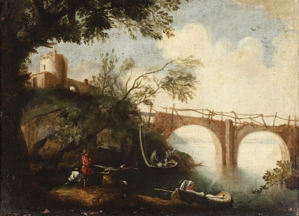 Scuola veneta del XVIII secolo Paesaggio con figure in riva al fiume  - Asta Dipinti Antichi - Associazione Nazionale - Case d'Asta italiane