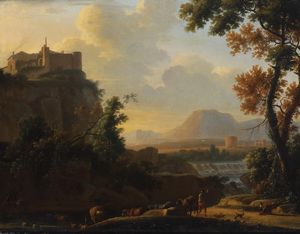 Herman van Swanevelt, Attribuito a - Paesaggio fluviale con carovana