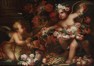 Nei modi della pittura della fine del XVIII secolo Composizioni di fiori e frutti con putti  - Asta Dipinti Antichi - Associazione Nazionale - Case d'Asta italiane