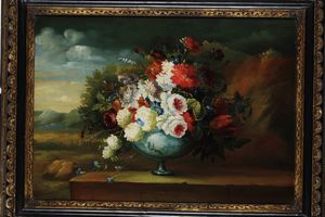 Scuola del XVIII-XIX secolo Vaso di fiori entro paesaggio  - Asta Dipinti Antichi - Associazione Nazionale - Case d'Asta italiane