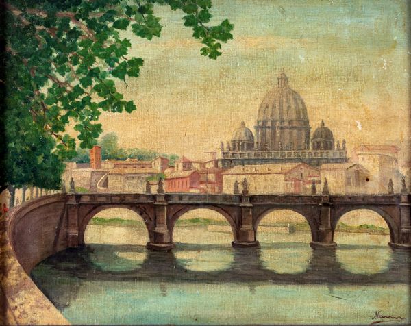 PITTORE DEL XX SECOLO : Veduta di Ponte Sant' Angelo e San Pietro  - Asta Dipinti del XIX e XX Secolo - Associazione Nazionale - Case d'Asta italiane