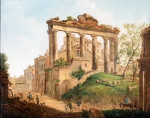 PITTORE DEL XX SECOLO - Veduta del tempio di Saturno al Foro Romano