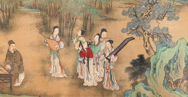 Lungo Scroll in formato orizzontale con scene di vita e iscrizione laterale, Scuola di Qiu Ying, XX Secolo  - Asta Arte Orientale - Associazione Nazionale - Case d'Asta italiane